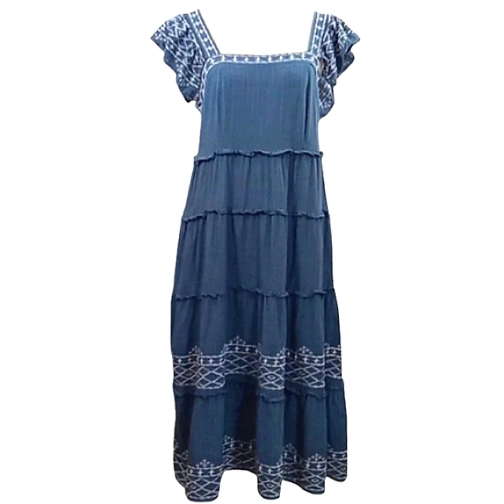 Knox Rose Blue Embroidered Tiered Midi Dress Flutter Sleeves & Pockets Small